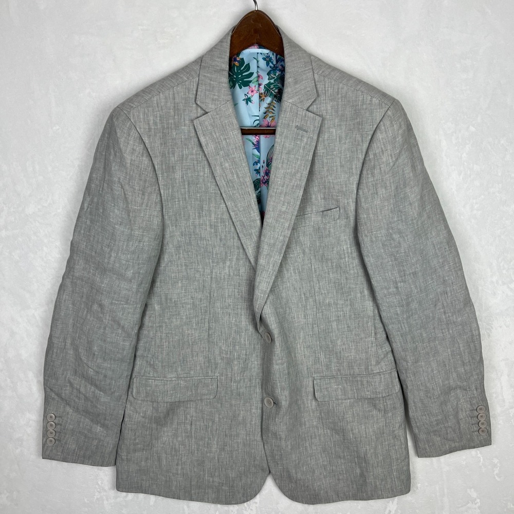 Bar III Linen Blazer Mens 42L Gray Slim Fit Suit Jacket Floral Lined